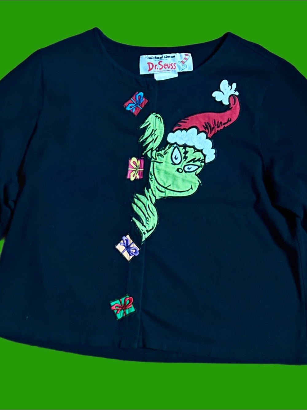 Michael Simon ~ Dr. Seuss ~ Large ~ Black W/ Green Grinch ~ Christmas Cardigan